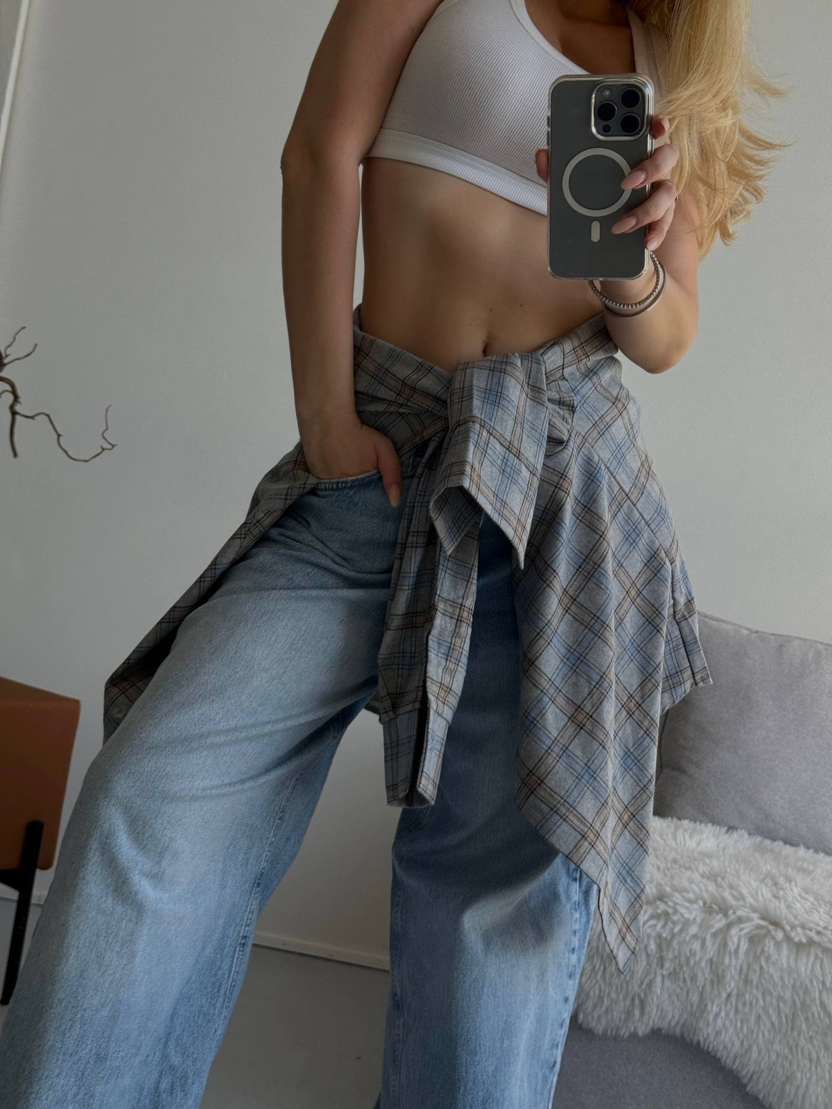 Plaid Tie-Front Shirt one size